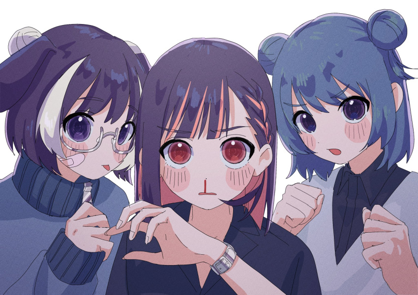 3girls animal_ears bandaid bandaid_on_cheek bandaid_on_face blood blue_eyes blue_hair blush blush_stickers braid closed_mouth double_bun eyebrows_visible_through_hair eyes_visible_through_hair fingernails grey_background grey_hair hair_bun hamafugu highres medium_hair multicolored_hair multiple_girls nosebleed open_mouth parted_lips pink_hair purple_hair red_eyes short_hair simple_background sleeves_past_wrists streaked_hair tongue tongue_out upper_body violet_eyes watch watch zipper_pull_tab zutto_mayonaka_de_ii_no_ni