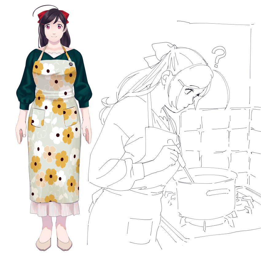 1girl ? absurdres ahoge alternate_costume apron brown_hair cooking floral_print full_body green_sweater hair_ornament hair_ribbon hairclip highres kantai_collection lineart long_hair long_skirt long_sleeves looking_at_viewer mamiya_(kancolle) multiple_views ojipon outline pot print_apron red_eyes ribbon skirt standing sweater white_apron white_background white_footwear white_skirt