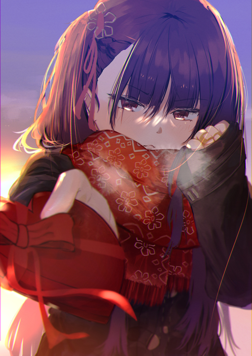 1girl absurdres black_coat box breath coat eyebrows_visible_through_hair gift gift_box girls_frontline hair_ribbon heart-shaped_box highres holding holding_gift long_hair one_side_up red_eyes red_ribbon red_scarf redhead ribbon ryunosuke_nikaido scarf solo upper_body v-shaped_eyebrows valentine wa2000_(girls'_frontline)