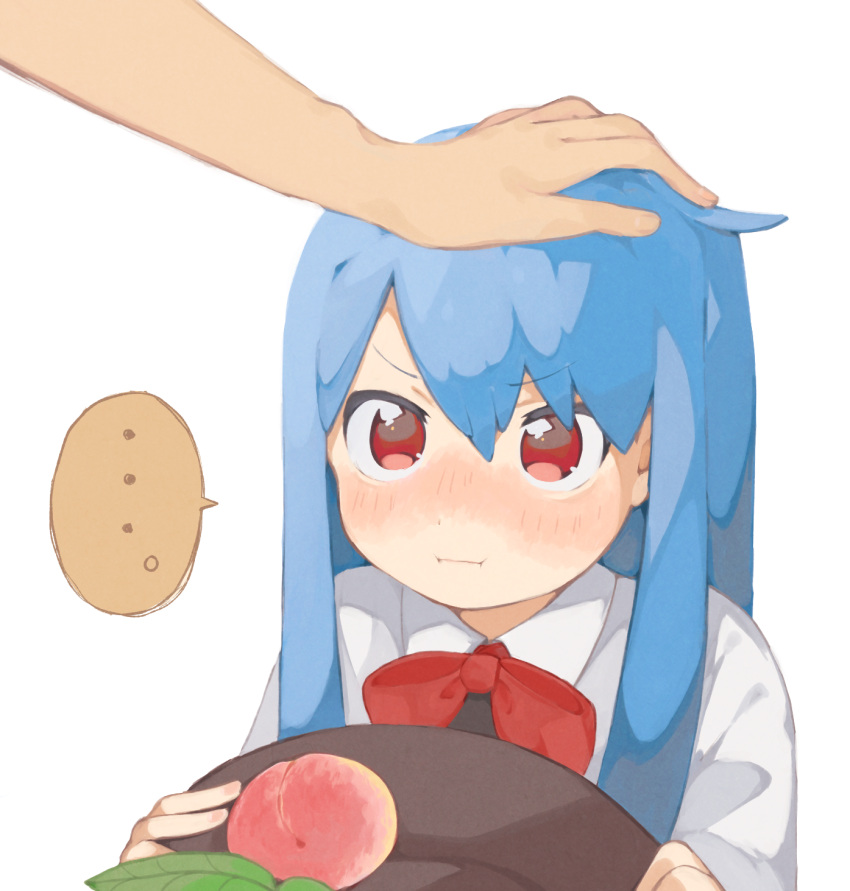 ... 1girl :i :t blue_hair blush bow citrus_(place) food fruit hat hat_removed headwear_removed highres hinanawi_tenshi holding holding_clothes holding_hat long_hair out_of_frame peach petting pout red_eyes simple_background solo_focus spoken_ellipsis touhou wavy_mouth white_background