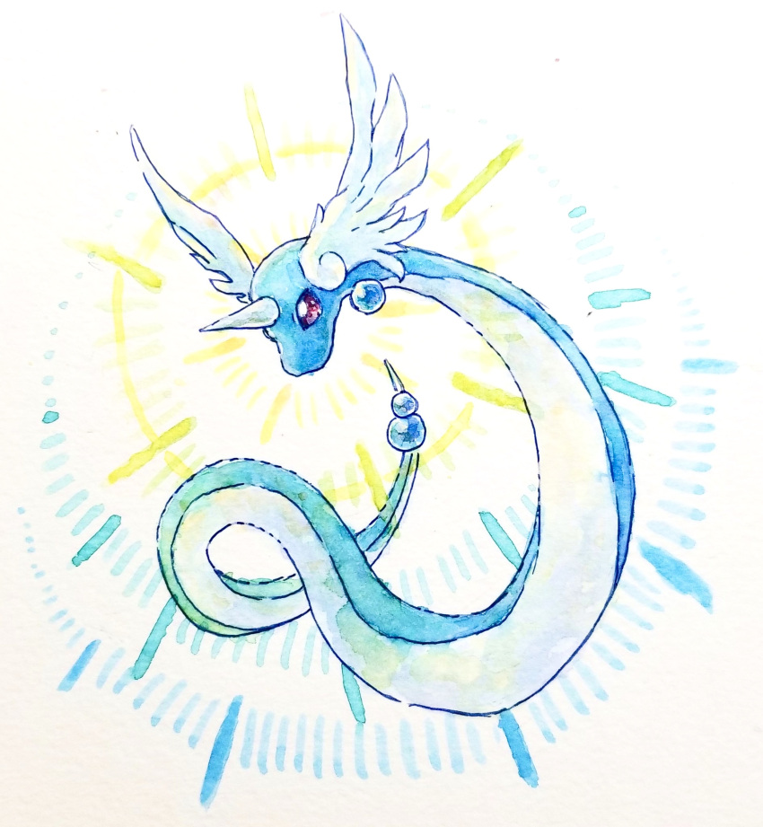 bauble commentary_request dragonair full_body highres horns masshu_(shu_123426) no_humans painting_(medium) pokemon pokemon_(creature) single_horn solo traditional_media violet_eyes watercolor_(medium) white_background