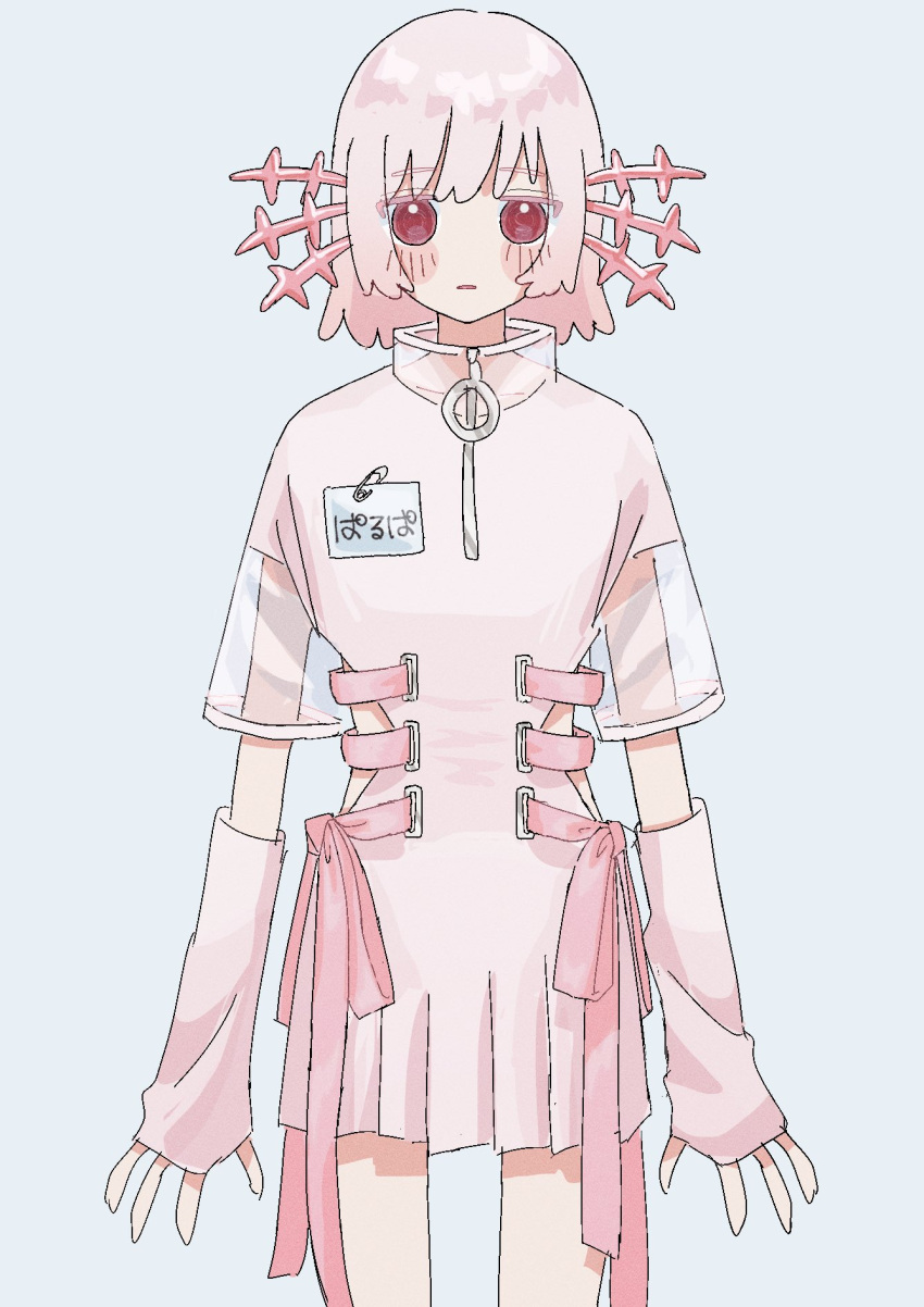 1girl blush blush_stickers bobby_pin collarbone dress eyebrows_visible_through_hair eyes_visible_through_hair grey_background hamafugu highres indie_virtual_youtuber o-ring parted_lips pink_dress pink_hair pink_ribbon pink_theme red_eyes ribbon see-through short_hair simple_background solo virtual_youtuber zipper zipper_pull_tab