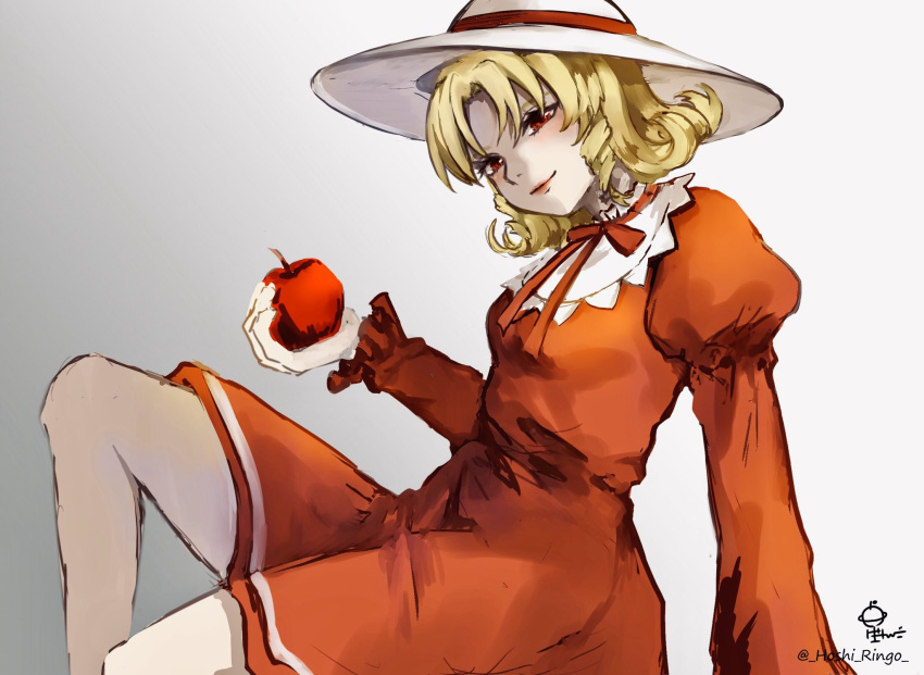 1girl apple arm_support blonde_hair blush breasts closed_mouth collared_dress commentary_request curly_hair dress elly_(touhou) food fruit grey_background happy hat hat_ribbon highres holding holding_food holding_fruit hoshiringo0902 juliet_sleeves lips long_sleeves neck_ribbon orange_dress puffy_sleeves red_eyes red_ribbon ribbon simple_background sitting small_breasts smile solo sun_hat touhou touhou_(pc-98) white_headwear wide_sleeves