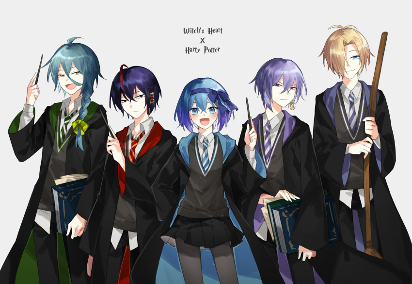 1girl 4boys :d absurdres ahoge alternate_costume antenna_hair aqua_hair ashe_bradley bamu_(bamu0504) bangs black_cloak black_eyes black_pants black_skirt blonde_hair blue_bow blue_eyes blue_hair blue_hairband blush book bow bow_hairband braid broom claire_elford cloak closed_mouth collared_shirt commentary copyright_name cowboy_shot crescent crescent_earrings crossed_bangs earrings english_text expressionless gradient_hair green_bow grey_legwear grey_sweater_vest hair_between_eyes hair_bow hair_over_one_eye hair_tubes hairband harry_potter_(series) highres hogwarts_school_uniform holding holding_book holding_broom holding_wand hood hooded_cloak jewelry lineup long_hair looking_at_viewer multicolored_hair multiple_boys necktie noel_levine pants pantyhose purple_hair red_eyes redhead school_uniform shirt short_hair single_braid single_earring sirius_gibson skirt smile straight-on streaked_hair striped_necktie sweater_vest two-sided_fabric untucked_shirt v-shaped_eyebrows wand white_background white_shirt wilardo_adler witch's_heart yellow_eyes