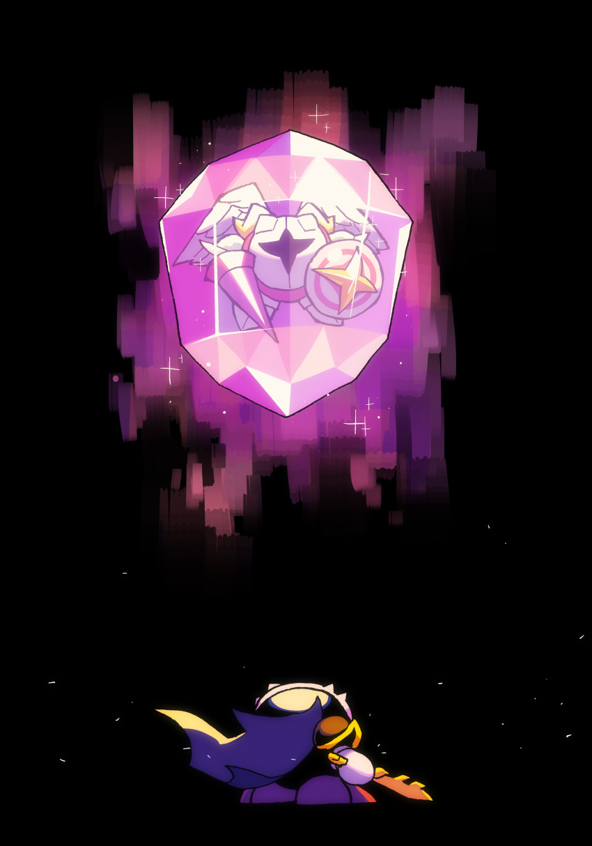 absurdres angel_wings crystal demon_horns galacta_knight highres horns kirby_(series) kirby_super_star_ultra looking_at_another looking_up meta_knight polearm rariatto_(ganguri) shield spear sword weapon wings