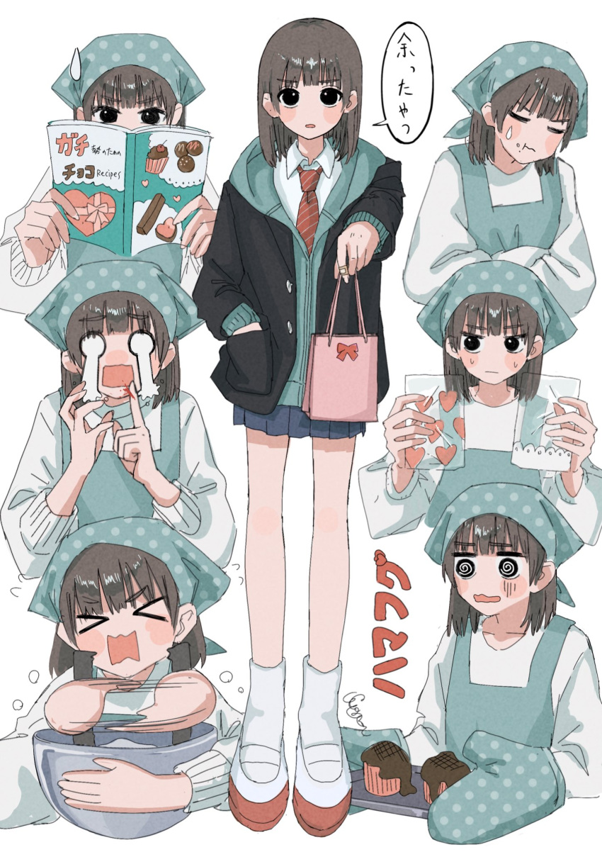 1girl @_@ afterimage bag baking bandaid bandaid_on_hand black_eyes bleeding blood blue_skirt blush blush_stickers book bow bowl brown_hair closed_eyes closed_mouth crying cupcake eating eyebrows_visible_through_hair food food_on_face gift gift_bag green_hoodie grey_background hamafugu hand_in_pocket heart highres holding holding_bag holding_book holding_bowl holding_tray hood hood_down hoodie injury medium_hair motion_lines multiple_views necktie open_book open_mouth original oven_mitts pink_bag polka_dot red_bow red_necktie simple_background skirt speech_bubble striped striped_necktie sweat tray valentine