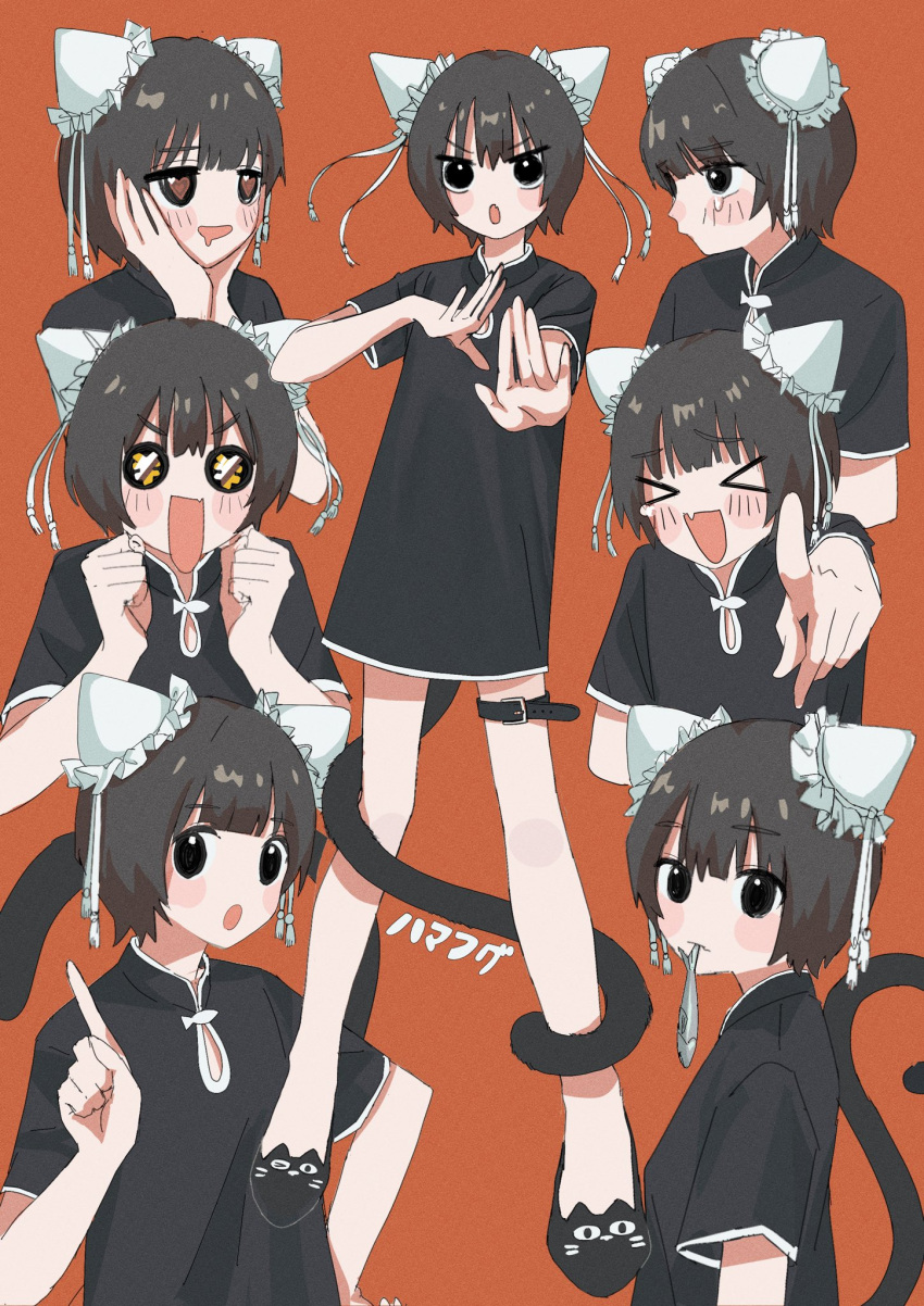 1girl animal black_eyes black_footwear black_hair blush blush_stickers cat_day cat_girl cat_tail clenched_hands closed_mouth crying crying_with_eyes_open drooling eyebrows_visible_through_hair fang film_grain fish frills hamafugu hand_on_hip hands_on_own_face heart heart-shaped_pupils highres laughing looking_at_viewer mouth_hold multiple_views open_mouth orange_background original pointing pointing_at_viewer red_pupils short_hair simple_background skin_fang symbol-shaped_pupils tail tearing_up tears thigh_strap yen_sign