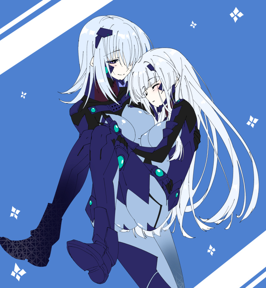 2girls bangs blue_background blue_eyes blue_hair breasts carrying closed_eyes cryska_barchenowa eyebrows_visible_through_hair fortified_suit hair_behind_ear half-closed_eyes highres inia_sestina kamon_rider large_breasts medium_breasts multiple_girls muvluv muvluv_alternative muvluv_total_eclipse pilot_suit princess_carry skin_tight sleeping smile