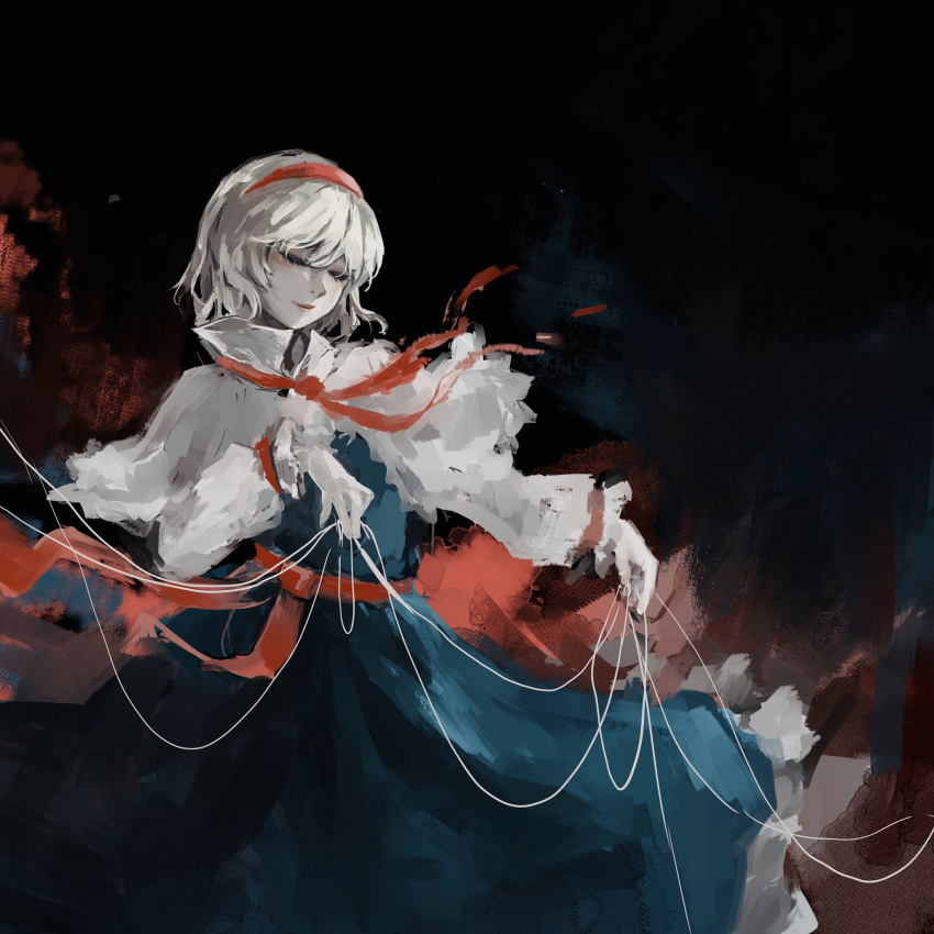 1girl abstract_background alice_margatroid black_background blonde_hair blue_dress breasts capelet closed_eyes closed_mouth dress frilled_dress frills hairband highres hoshiringo0902 lips long_sleeves neck_ribbon puppet_strings red_hairband red_ribbon red_sash ribbon sash shirt short_hair small_breasts solo touhou upper_body white_capelet white_shirt white_sleeves