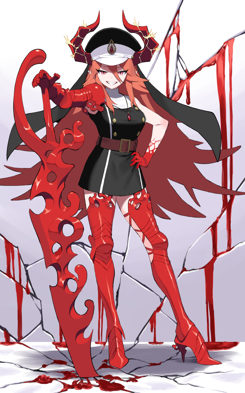 1girl absurdres armor black_dress blade blood boots breasts commission crack cracked_floor cracked_wall demon_horns dress full_body gloves hat highres holding horns kokonotsunbai long_hair looking_at_viewer original planted planted_sword red_eyes red_horns redhead scissor_blade sharp_teeth simple_background skeb_commission sleeveless smile solo standing sword teeth thigh-highs weapon