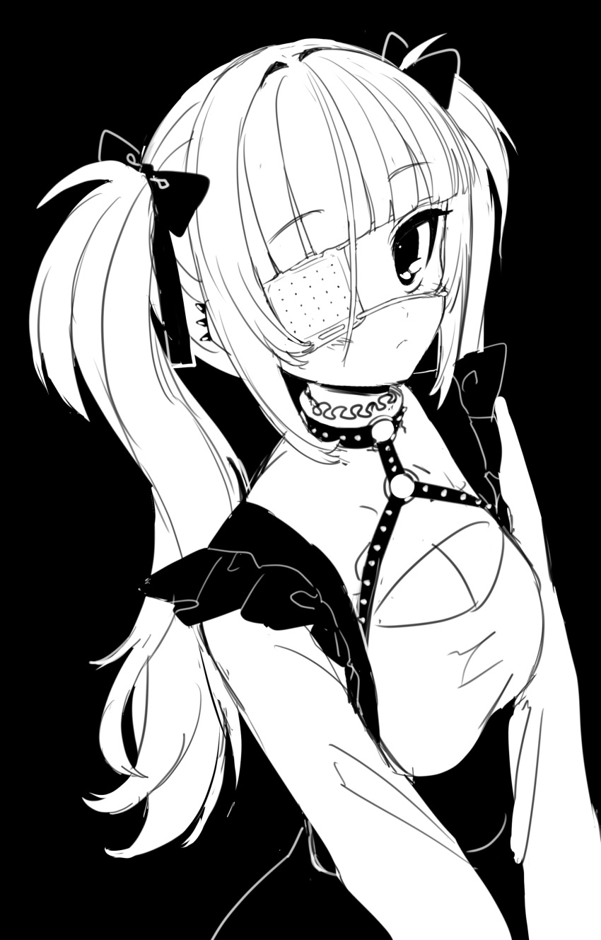 1girl absurdres ahoge bangs blunt_bangs blush bow chest_harness cleavage_cutout clothing_cutout dress ear_piercing eyebrows_visible_through_hair eyepatch frilled_shirt_collar frills greyscale hair_bow hair_intakes harness high_collar highres long_hair looking_at_viewer medical_eyepatch mntimccz monochrome o-ring original piercing pinafore_dress sketch solo twintails v_arms