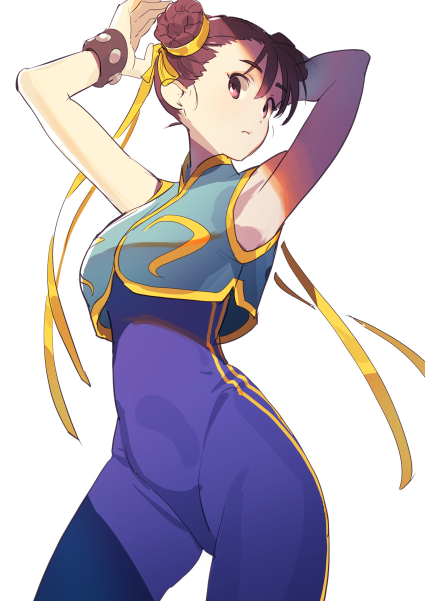 1girl absurdres armpits bangs bare_shoulders blue_unitard bow bracelet breasts brown_eyes brown_hair chun-li commentary_request crop_top double_bun gold_trim hair_bow hair_ornament highres jewelry large_breasts looking_at_viewer parted_lips sleeveless solo standing street_fighter street_fighter_zero_(series) tanakalma unitard