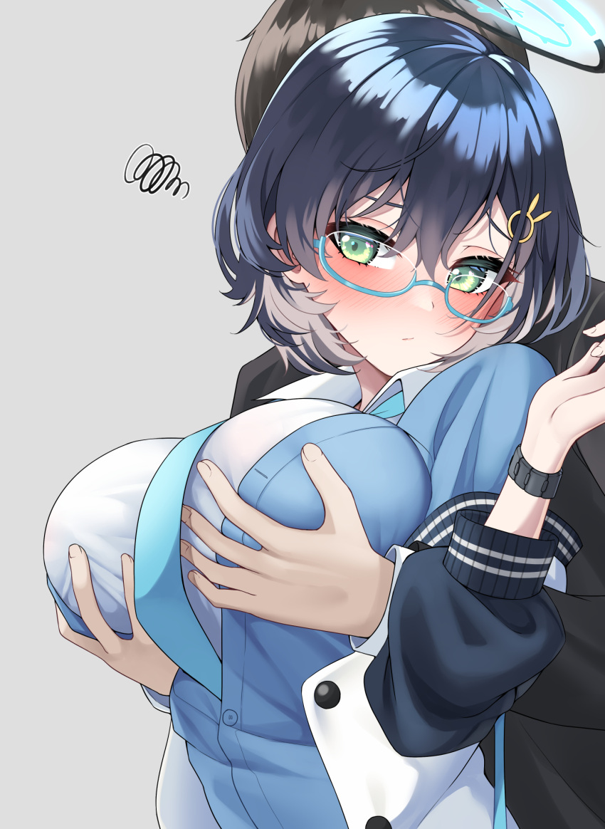 1boy 1girl aqua_eyes blue_archive blue_cardigan blue_hair blush breast_grab breasts cardigan chihiro_(blue_archive) glasses grabbing grabbing_from_behind halo highres large_breasts menbou_(menbow3v) necktie sensei_(blue_archive) squiggle watch