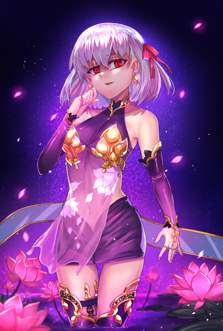 1girl absurdres armlet collar detached_sleeves dress earrings fate/grand_order fate_(series) flower hair_ribbon highres ibenz009 jewelry kama_(fate) kama_(first_ascension)_(fate) looking_at_viewer lotus metal_collar partially_submerged pelvic_curtain pink_ribbon purple_dress purple_legwear purple_skirt purple_sleeves red_eyes ribbon ring skirt thighlet