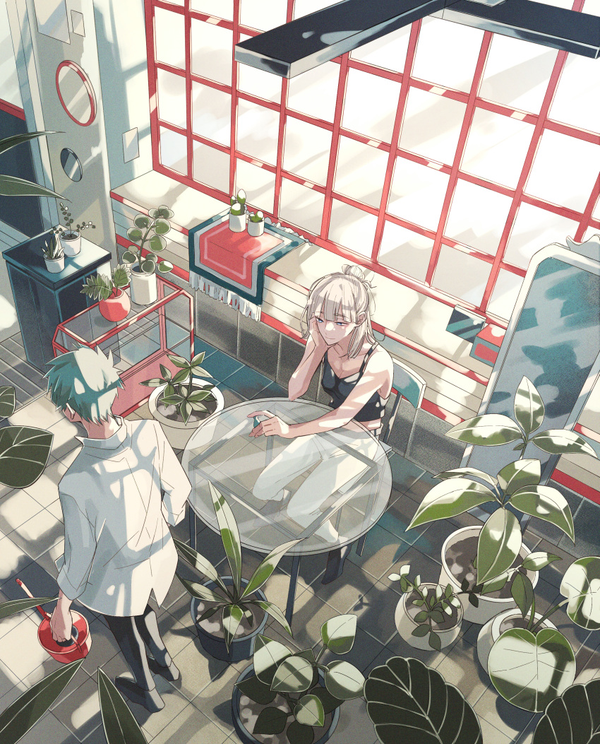 1boy 1girl absurdres bangs black_pants blonde_hair blue_eyes commentary_request day dress_shirt from_above glass_table green_hair hair_bun half_updo head_rest highres holding holding_watering_can indoors long_hair long_sleeves midriff multiple_sources namidashiro original pants plant potted_plant scenery shirt short_hair sitting standing sunlight table tile_floor tiles watering_can white_pants white_shirt window