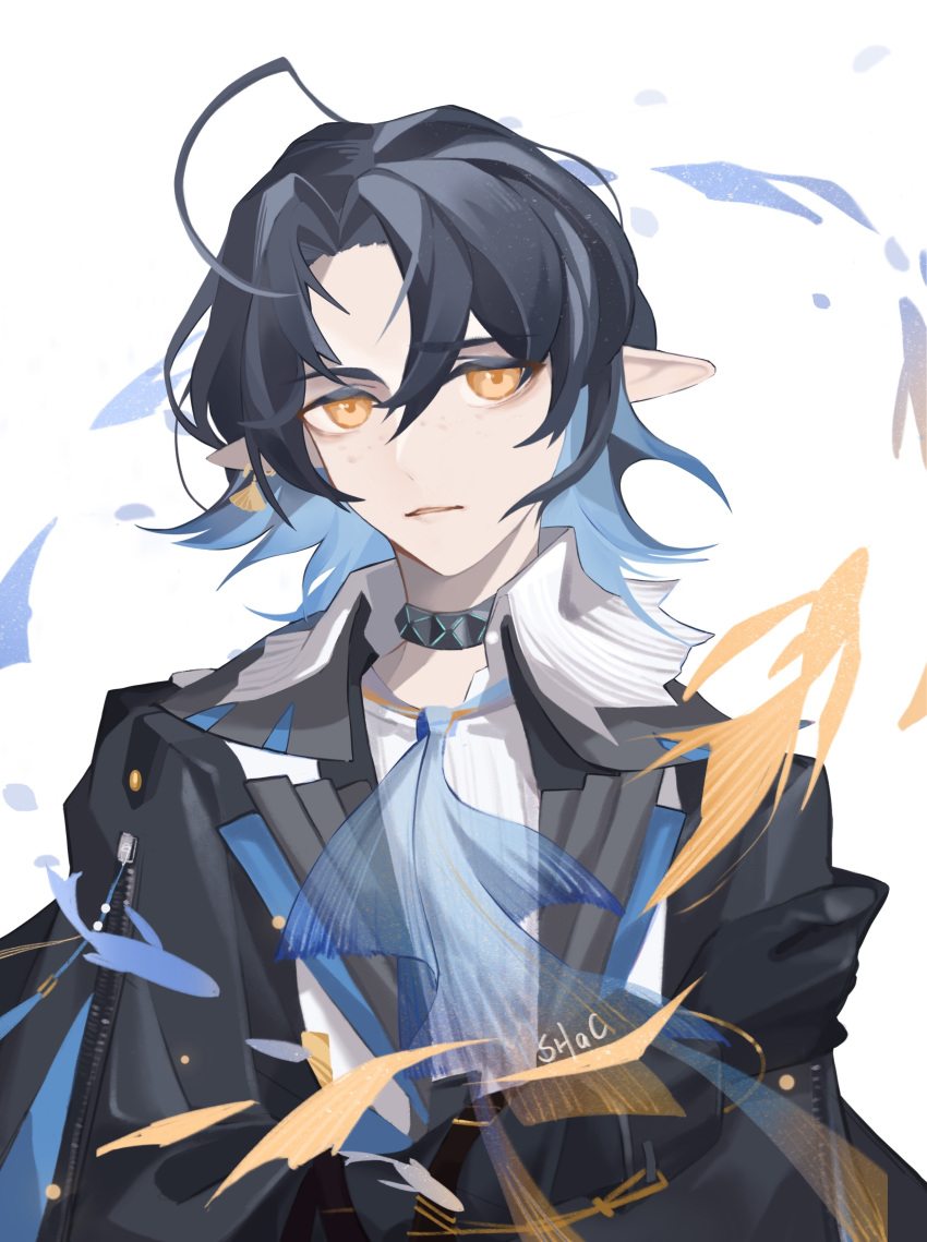 1boy absurdres ahoge arknights ascot bangs black_gloves blue_ascot collar earrings expressionless eyebrows_visible_through_hair fish gloves hand_on_own_arm highres infection_monitor_(arknights) jewelry lack_coat long_sleeves looking_at_viewer lumen_(arknights) male_focus orange_eyes parted_lips pointy_ears see-through shac_(shaoci80346) shell shell_earrings shirt signature simple_background single_earring solo upper_body white_background white_shirt zipper