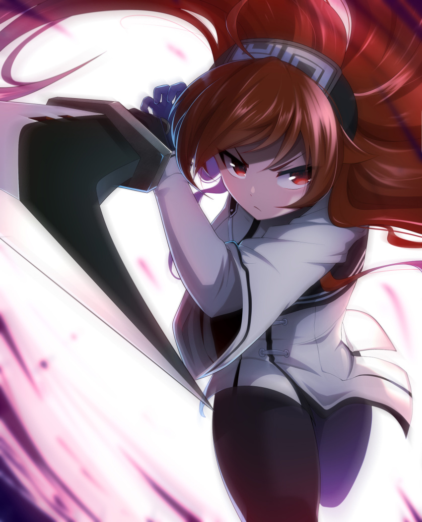 1girl absurdres bangs black_hairband black_legwear eris_greyrat floating_hair galactic_small_yellow gloves hairband highres holding holding_sword holding_weapon jacket long_hair looking_at_viewer mushoku_tensei pantyhose purple_gloves red_eyes redhead solo sword v-shaped_eyebrows weapon white_jacket