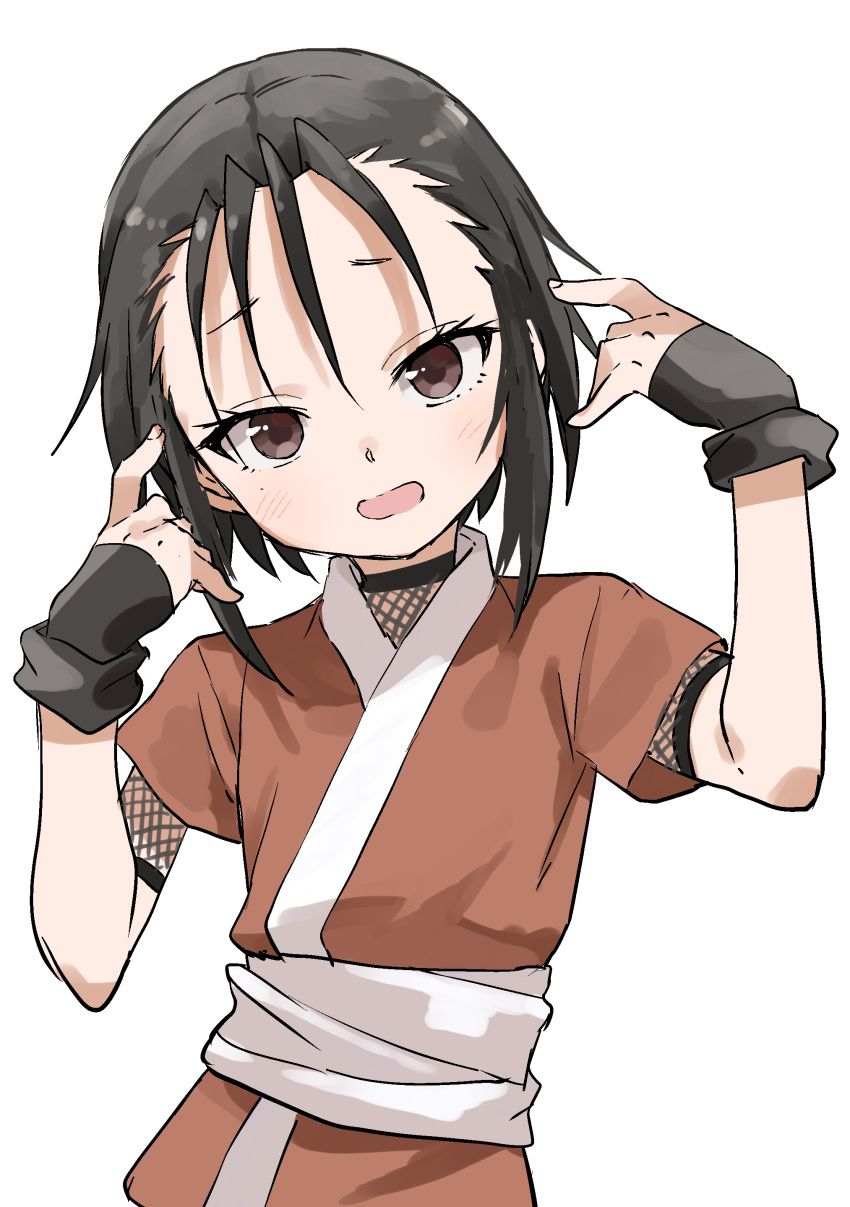 1girl absurdres black_gloves black_hair brown_eyes commentary_request fingerless_gloves gloves highres japanese_clothes kunoichi_tsubaki_no_mune_no_uchi looking_at_viewer rindou_(kunoichi_tsubaki_no_mune_no_uchi) short_hair short_sleeves simple_background solo white_background yamamoto_souichirou