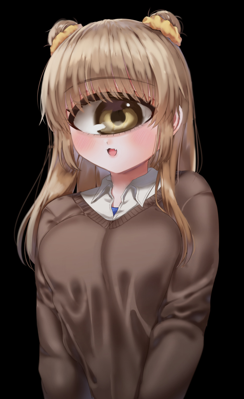 1girl :3 absurdres bangs blush brown_hair collared_shirt cyclops double_bun eyebrows_visible_through_hair fang hair_over_shoulder highres long_hair looking_at_viewer mntimccz monster_girl one-eyed open_mouth original scrunchie shirt smile solo sweater yellow_eyes