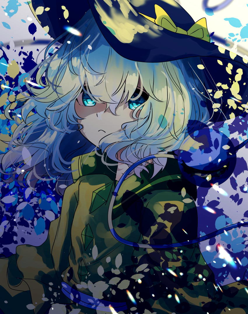 1girl :&lt; absurdres arms_at_sides bad_id bad_twitter_id black_headwear blouse blue_eyes bow buttons closed_mouth diamond_button green_hair hair_between_eyes hair_over_eyes hat hat_bow highres komeiji_koishi long_hair long_sleeves looking_at_viewer messy_hair petals shirt solo third_eye toku_kekakewanko touhou upper_body yellow_bow yellow_shirt
