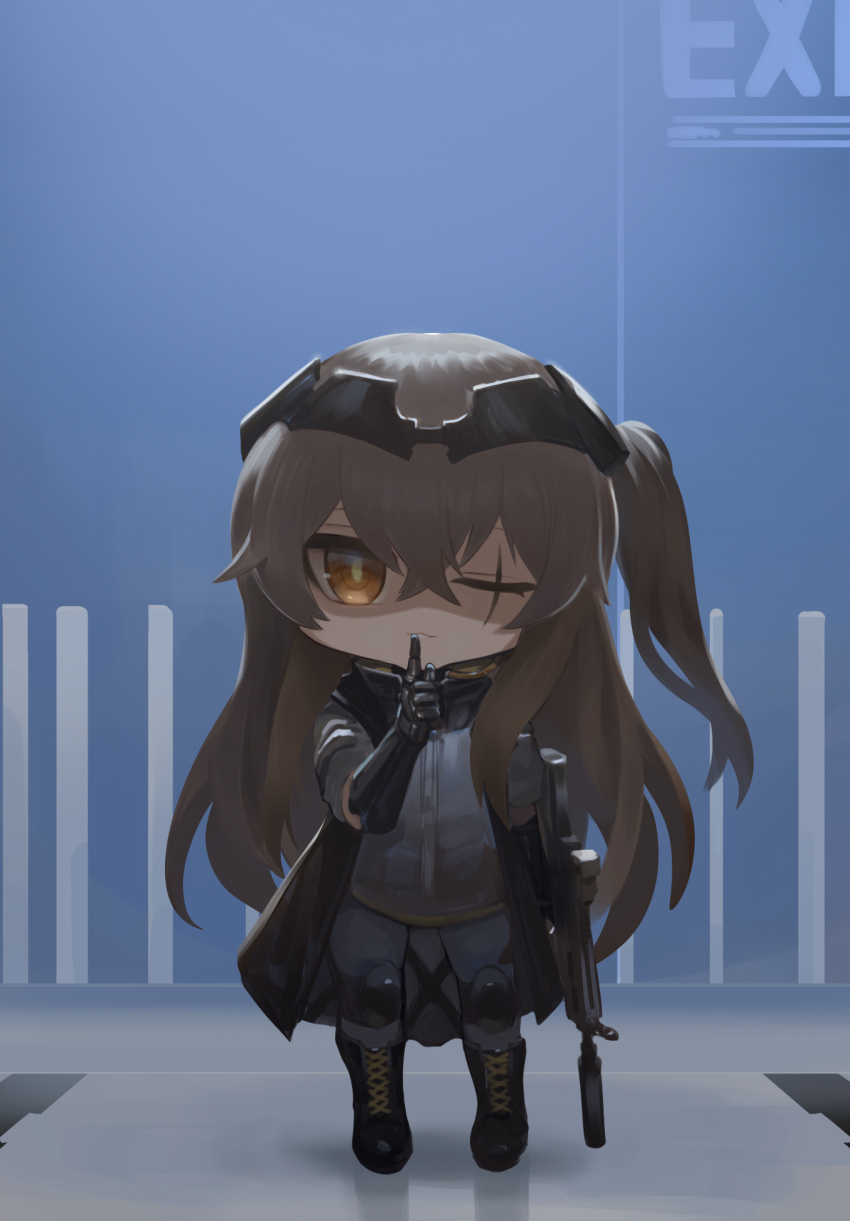 1girl bangs black_footwear black_gloves black_jacket black_pants boots brown_eyes brown_hair cross-laced_footwear dokomon elbow_gloves eyebrows_behind_hair finger_to_mouth girls'_frontline_2:_exilium gloves grey_shirt gun hair_between_eyes highres holding holding_gun holding_weapon jacket lace-up_boots long_hair long_sleeves looking_at_viewer object_namesake one_eye_closed one_side_up open_clothes open_jacket pants parted_lips scar scar_across_eye shirt shushing solo standing suppressor ump45_(girls'_frontline) very_long_hair weapon