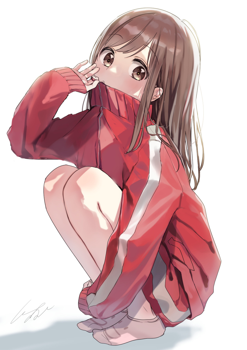 1girl absurdres brown_eyes brown_hair commentary_request eyebrows_visible_through_hair full_body highres jacket long_hair long_sleeves looking_at_viewer nanase_kurumi_(menhera-chan) original pomu red_sleeves signature simple_background sleeves_past_wrists socks solo squatting track_jacket white_background