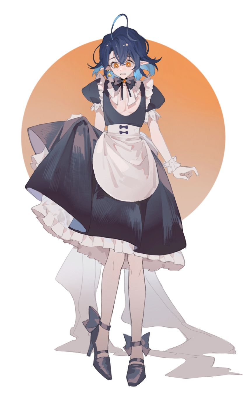 1boy ahoge alternate_costume apron arknights bangs black_bow black_bowtie black_footwear black_hair blue_hair bow bowtie crossdressing detached_collar dress earrings enmaided eyebrows_visible_through_hair freckles frilled_dress frills gradient gradient_background high_heels highres jewelry looking_down lumen_(arknights) maid male_focus multicolored_hair open_mouth orange_background orange_eyes pointy_ears puffy_short_sleeves puffy_sleeves shell shell_earrings short_hair short_sleeves single_earring skirt_hold solo standing two-tone_hair waist_apron white_apron white_background wrist_cuffs yige_trumpet