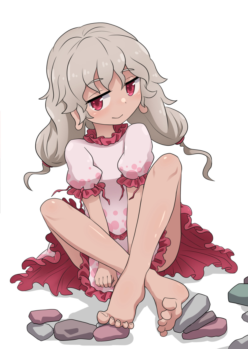 1girl bangs barefoot chups closed_mouth crossed_legs dark-skinned_female dark_skin ebisu_eika eyebrows_visible_through_hair feet full_body grey_hair half-closed_eyes highres long_earlobes looking_at_viewer medium_hair red_eyes shirt short_sleeves simple_background skirt smile solo stone toes touhou white_background white_shirt white_skirt