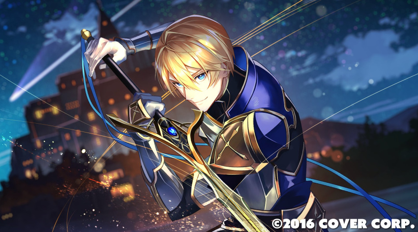 1boy alternate_costume armor blonde_hair blue_armor blue_eyes blue_gemstone blue_ribbon blurry blurry_background building copyright dutch_angle gem gloves hair_between_eyes hand_up highres holding holding_sword holding_weapon holostars kainown kishido_temma light_trail looking_at_viewer male_focus night official_art ribbon shooting_star short_hair sky smile solo star_(sky) starry_sky sword two-handed upper_body vambraces virtual_youtuber weapon white_gloves