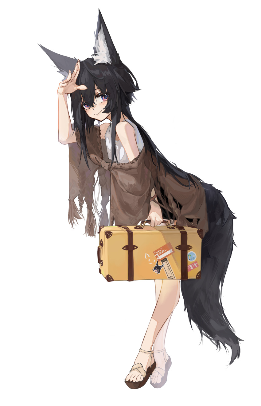 1girl absurdres animal_ear_fluff animal_ears arm_up bare_legs bare_shoulders black_hair brown_footwear chino_(user_zdyd2447) closed_mouth from_side full_body highres holding holding_suitcase leaning_forward long_hair looking_at_viewer looking_to_the_side off_shoulder original sandals shirt smile solo suitcase tail very_long_hair violet_eyes white_shirt wolf_ears wolf_girl wolf_tail