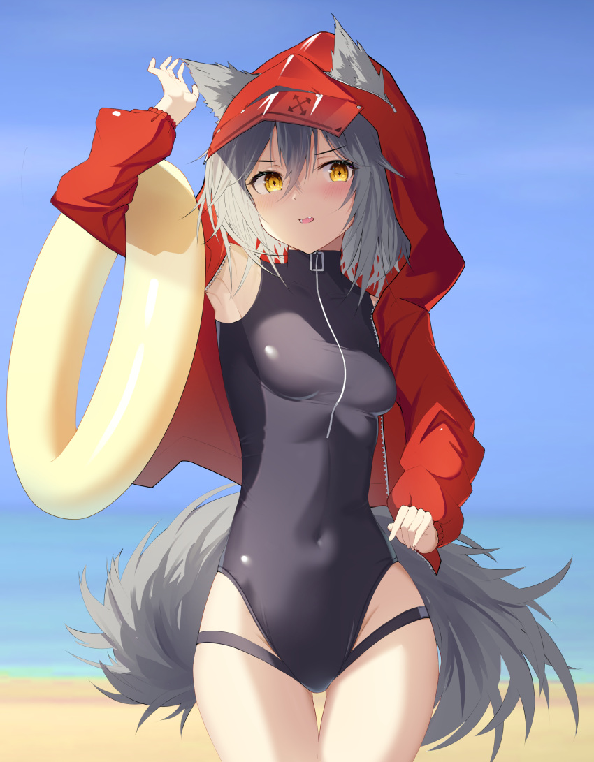 1girl absurdres animal_ears arknights arm_up armpits beach black_swimsuit blue_sky blush breasts casual_one-piece_swimsuit covered_navel cowboy_shot day ears_through_headwear eyebrows_visible_through_hair grey_hair highres hood hood_up hooded_jacket innertube jacket long_sleeves looking_at_viewer ocean official_alternate_costume one-piece_swimsuit open_mouth outdoors projekt_red_(arknights) projekt_red_(light_breeze)_(arknights) pu_ht red_jacket short_hair sky small_breasts solo swimsuit tail thigh_gap unzipped v-shaped_eyebrows wolf_ears wolf_girl wolf_tail yellow_eyes
