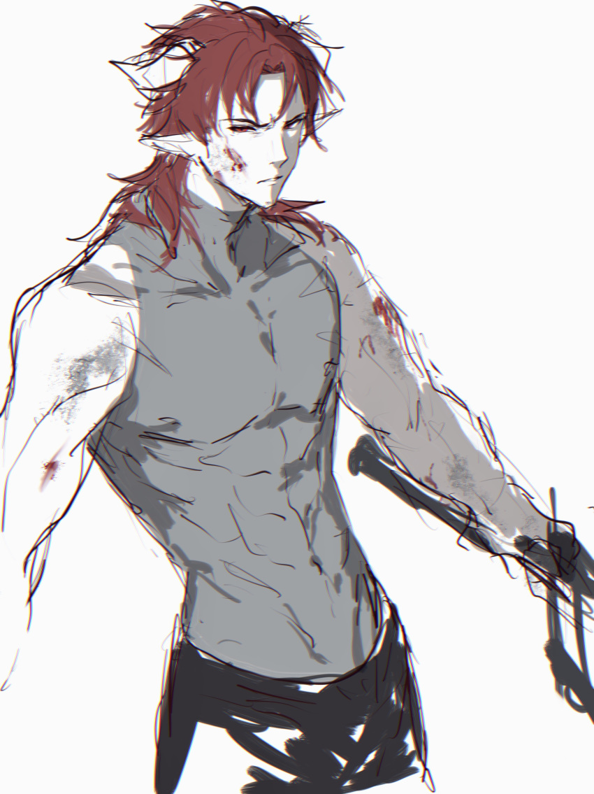 1boy abs absurdres arknights bare_shoulders blood blood_on_face covered_collarbone covered_navel covered_nipples cowboy_shot grey_shirt highres hoederer_(arknights) holding holding_sword holding_weapon horns long_hair male_focus parted_lips pointy_ears red_eyes redhead shirt simple_background sketch sleeveless sleeveless_shirt solo sword v-shaped_eyebrows weapon white_background zuo_daoxing