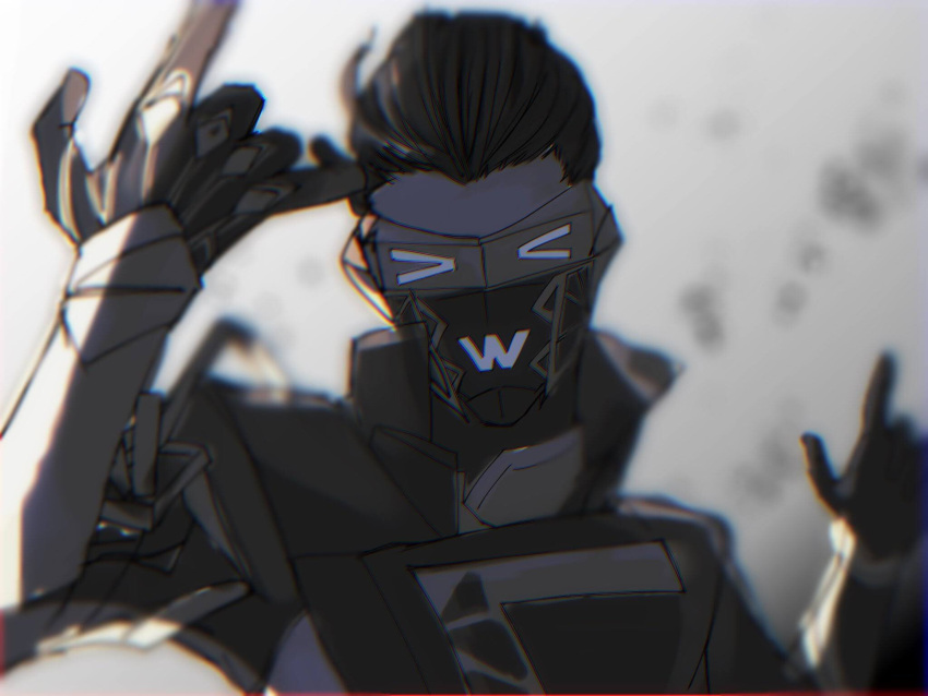 &gt;_&lt; &gt;w&lt; 1boy \m/ apex_legends blurry blurry_foreground double_\m/ fast_fashion_octane flansista gloves greyscale hair_slicked_back highres jacket male_focus monochrome octane_(apex_legends) official_alternate_costume portrait sketch solo