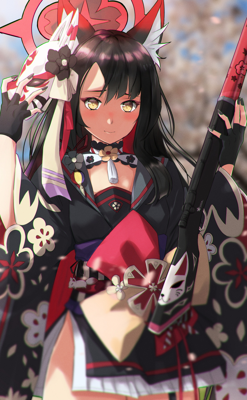 1girl absurdres animal_ear_fluff animal_ears bangs black_hair black_kimono blue_archive breasts closed_mouth fingerless_gloves floral_print fox_ears gloves gun hair_between_eyes halo highres japanese_clothes kimono long_hair looking_at_viewer mask mask_on_head multicolored_hair outdoors print_kimono redhead rifle small_breasts sniper_rifle standing sunlight two-tone_hair wakamo_(blue_archive) weapon yellow_eyes ykh1028