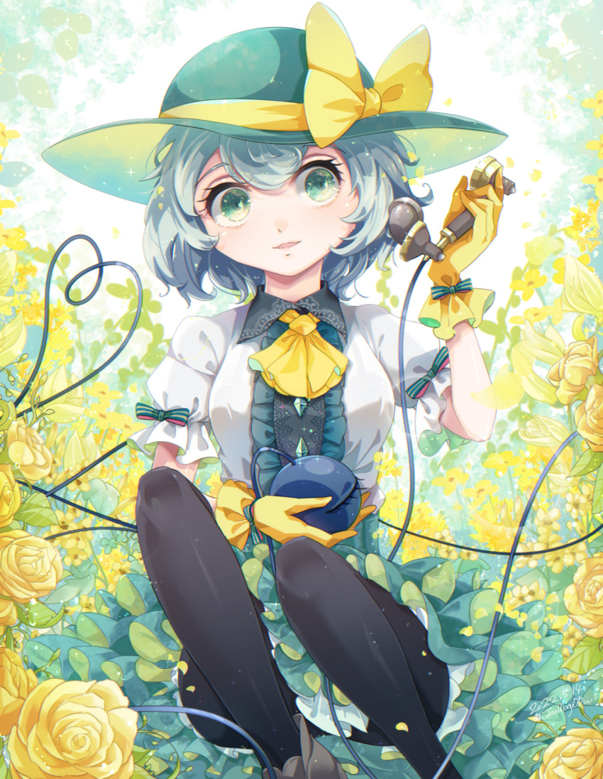 1girl alternate_color ascot black_legwear blouse blush boots bow brown_footwear buttons commentary corded_phone diamond_button flower foot_out_of_frame frilled_skirt frills green_eyes green_headwear green_skirt hair_between_eyes hat hat_bow heart heart_of_string highres holding holding_phone komeiji_koishi looking_at_viewer noumin_joemanyodw pantyhose parted_lips phone puffy_short_sleeves puffy_sleeves rose shirt short_sleeves skirt solo third_eye touhou white_shirt yellow_ascot yellow_bow yellow_flower yellow_rose