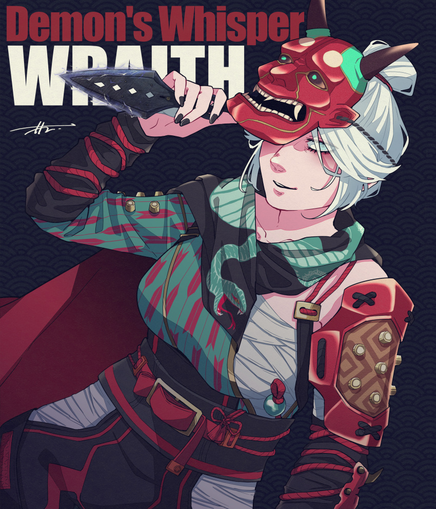 1girl absurdres apex_legends black_background black_scarf breasts character_name demon's_whisper_wraith grey_eyes hair_bun highres holding holding_knife knife kunai looking_down mask mask_on_head medium_breasts official_alternate_costume oni_mask open_mouth sarashi scarf weapon wraith's_kunai wraith_(apex_legends) youka_(blknrose777)
