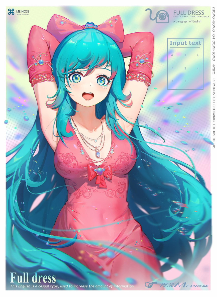 1girl arms_behind_head arms_up artist_name bangs breasts covered_navel dress elbow_gloves english_text gloves green_eyes highres jewelry light_blue_hair long_hair looking_at_viewer medium_breasts meinoss necklace open_mouth original painttool_sai_(medium) pink_dress pink_gloves solo teeth upper_teeth