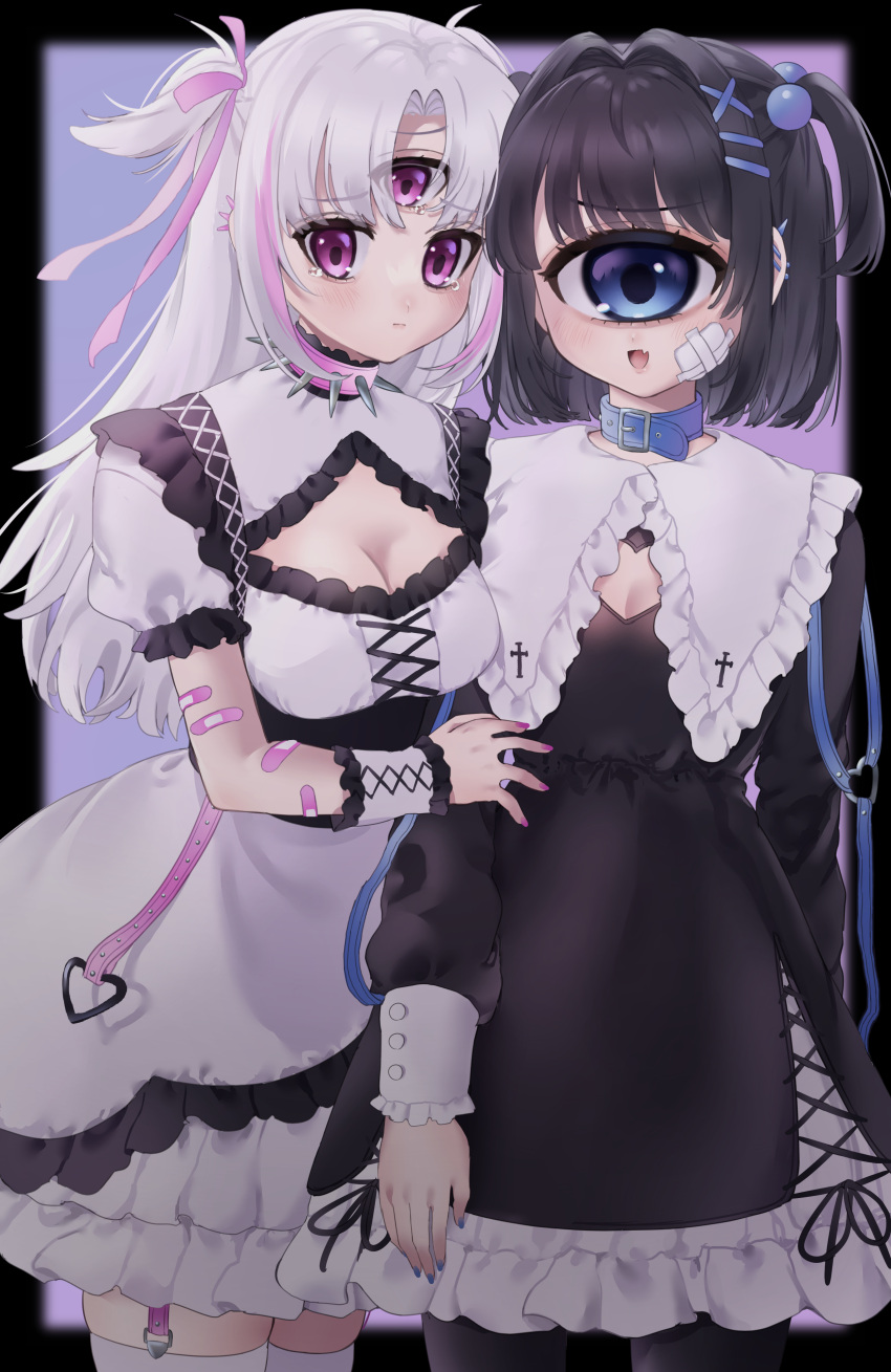 2girls :d absurdres bandage_on_face bandages bandaid bandaid_on_arm bangs belt belt_collar black_hair blue_eyes blush buckle cleavage_cutout clothing_cutout collar cross-laced_clothes cross-laced_top cyclops dress extra_eyes fang frills garter_straps hair_bobbles hair_intakes hair_ornament hair_ribbon heart heart-shaped_buckle heart_cutout high_collar highres holding_another's_arm lolita_fashion long_hair long_sleeves looking_away mntimccz monster_girl multicolored_hair multiple_girls one-eyed original pantyhose parted_bangs pink_hair puffy_short_sleeves puffy_sleeves ribbon short_hair short_sleeves skin_fang skindentation smile spiked_collar spikes streaked_hair tearing_up thigh-highs twintails underbust v-shaped_eyebrows violet_eyes white_hair wrist_cuffs