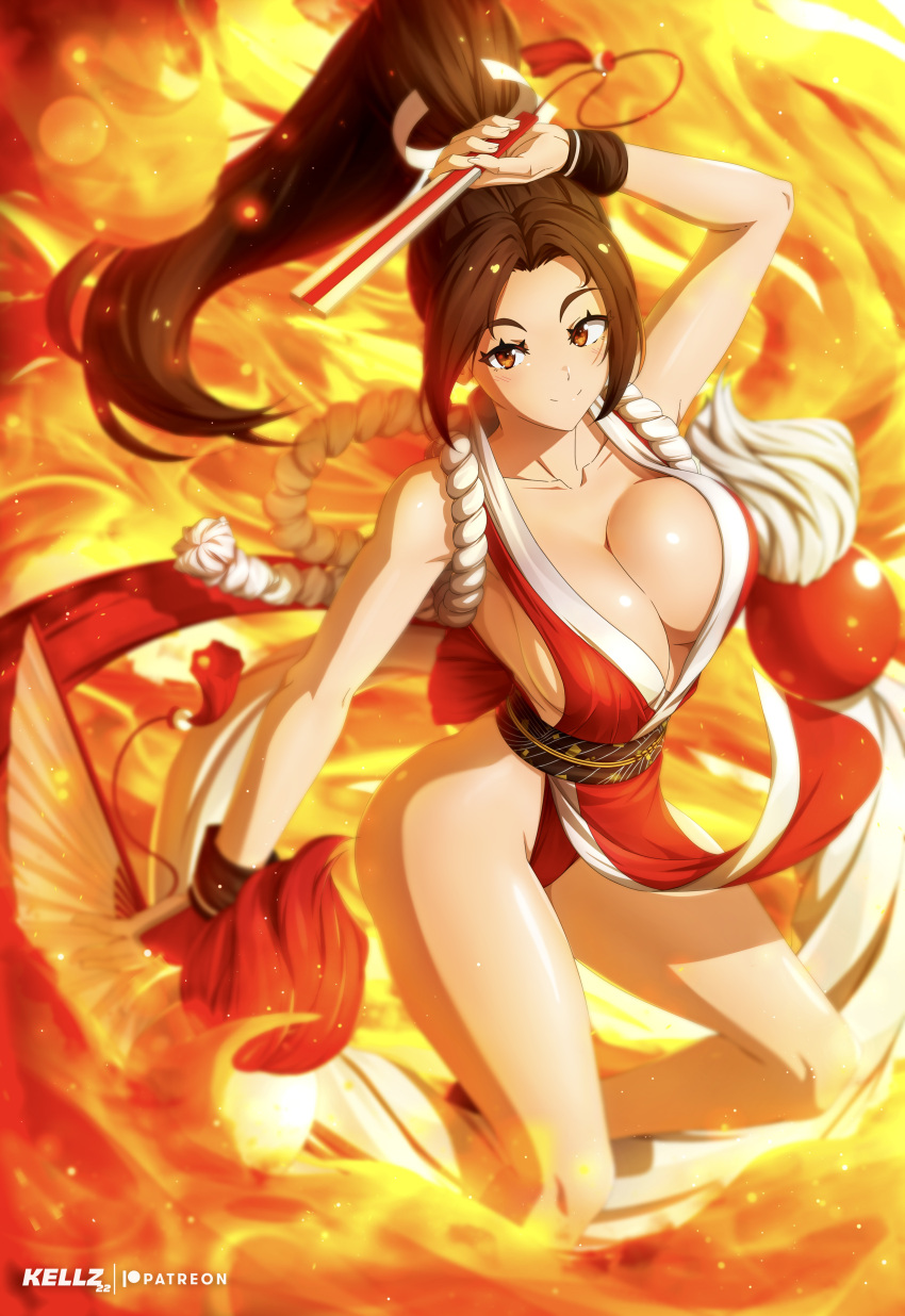 1girl absurdres arm_up artist_name bangs bare_shoulders breasts brown_eyes brown_hair cleavage collarbone commentary dual_wielding fatal_fury fire hair_ornament hand_fan highleg highres holding japanese_clothes kellzallday large_breasts long_hair looking_at_viewer ninja parted_bangs pelvic_curtain ponytail revealing_clothes rope shiny shiny_skin shiranui_mai simple_background sleeveless smile the_king_of_fighters thighs