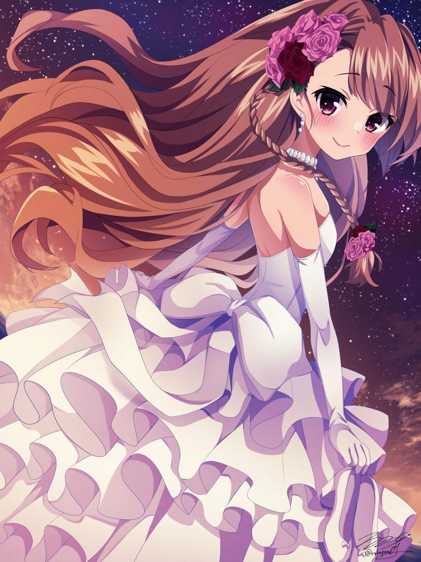 1girl absurdres aisaka_taiga bangs bare_shoulders blunt_bangs blush bow braid brown_eyes brown_hair closed_mouth commentary cowboy_shot dress dress_bow earrings elbow_gloves eyebrows_visible_through_hair flower from_side gloves hair_flower hair_ornament highres jewelry long_hair looking_at_viewer pink_flower pink_rose red_flower red_rose rose ruka_(ponruka) signature sky smile solo star_(sky) starry_sky toradora! wedding_dress white_bow white_gloves