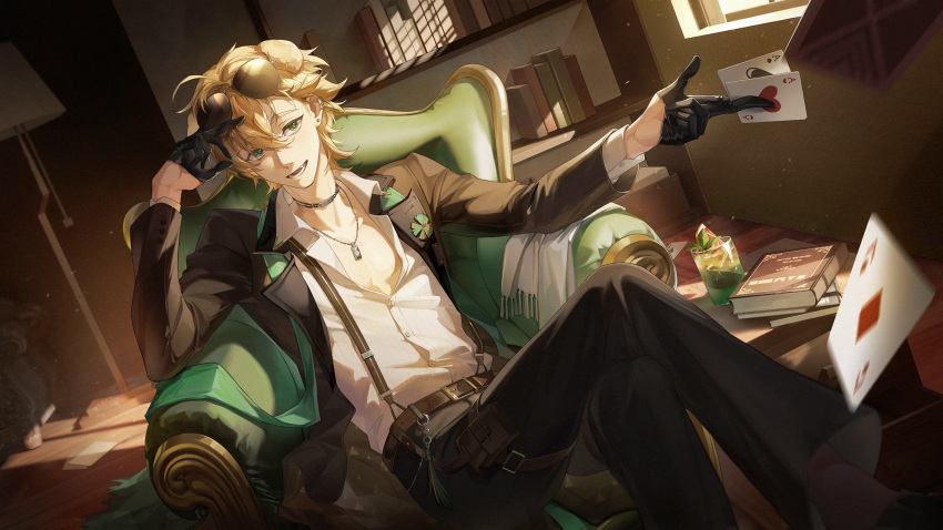 1boy :d absurdres ace_of_diamonds ace_of_hearts ace_of_spades animal_ears arknights armchair belt belt_buckle between_fingers black_gloves black_jacket black_pants blonde_hair book bookshelf buckle card chair collarbone collared_shirt crossed_legs cup day diamond_(shape) dog_ears dress_shirt drink drinking_glass dutch_angle ear_piercing eyewear_on_head fang feet_out_of_frame ginnnn- gloves green_eyes heart highres holding holding_card indoors jacket jewelry lamp long_sleeves looking_at_viewer necklace open_clothes open_jacket open_mouth pants piercing shirt short_hair sitting smile solo spade_(shape) sunglasses sunlight suspenders tequila_(arknights) tequila_(card_winner)_(arknights) thigh_strap white_shirt