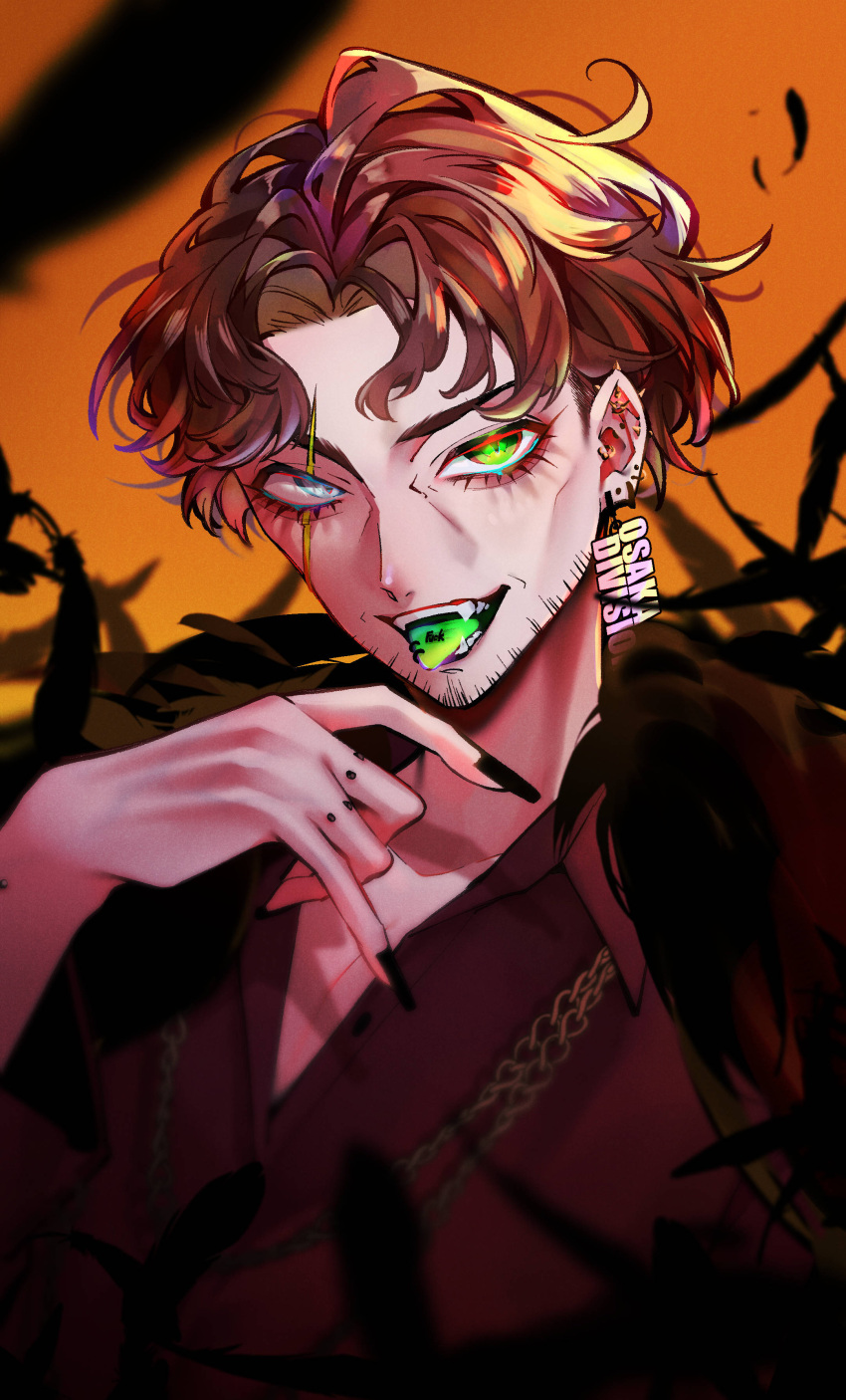 1boy absurdres amayado_rei black_hair colored_tongue earrings facial_hair fangs fur_coat green_tongue heterochromia highres hypnosis_mic jewelry male_focus nail_polish open_mouth orange_background piercing red_shirt s_cake scar scar_across_eye shirt short_hair tongue tongue_out tongue_piercing