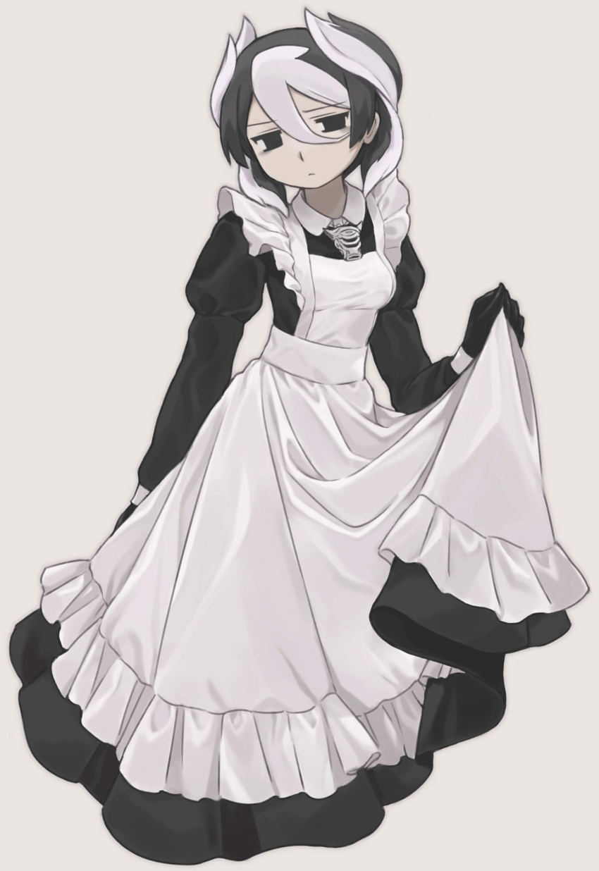 1girl absurdres alternate_costume apron black_dress black_gloves breasts closed_mouth commentary_request dress empty_eyes enmaided eyebrows_visible_through_hair frilled_apron frills frown gloves hair_between_eyes hand_up highres juliet_sleeves long_sleeves looking_at_viewer made_in_abyss maid nezou_(oshisamaaa) no_pupils ozen pale_skin puffy_sleeves short_hair simple_background skirt_hold small_breasts solo whistle whistle_around_neck white_apron white_background wing_collar