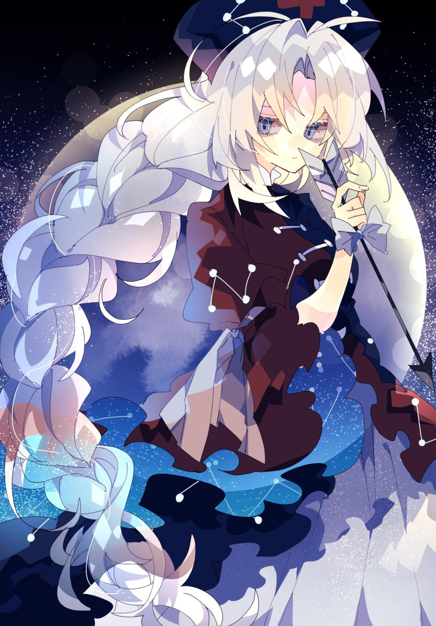 1girl :| arrow_(projectile) bangs blue_dress bow braid closed_mouth commentary constellation_print dress expressionless full_moon grey_hair hat highres holding holding_arrow long_hair looking_at_viewer messy_hair moon multicolored_clothes multicolored_dress nikorashi-ka nurse_cap parted_bangs puffy_short_sleeves puffy_sleeves red_dress short_sleeves single_braid sky solo star_(sky) starry_sky touhou very_long_hair white_bow yagokoro_eirin