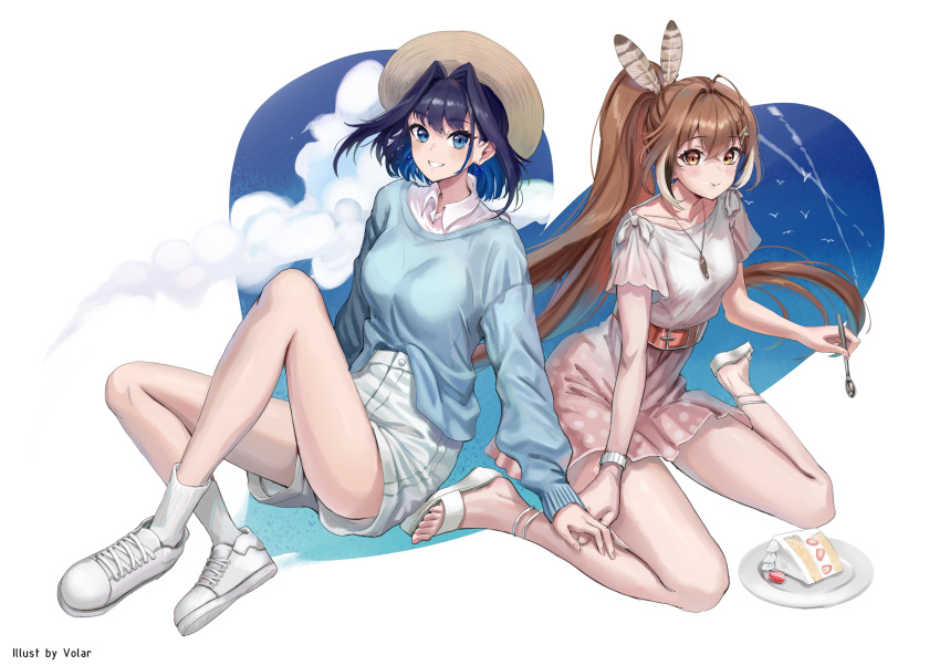 2girls absurdres alternate_costume ankle_strap belt blue_eyes blue_hair blue_sweater brown_eyes brown_hair cake cake_slice clouds collared_shirt dress eating feather_hair_ornament feathers food fruit grin hair_intakes hair_ornament hairclip hand_on_another's_hand hat heart high-waist_shorts highres hololive hololive_english long_hair looking_at_viewer multicolored_hair multiple_girls nanashi_mumei ouro_kronii pink_shirt polka_dot ponytail sandals shirt shoes short_hair shorts smile sneakers socks spoon straw_hat strawberry streaked_hair sundress sweater very_long_hair virtual_youtuber volar_uwu white_legwear white_shorts
