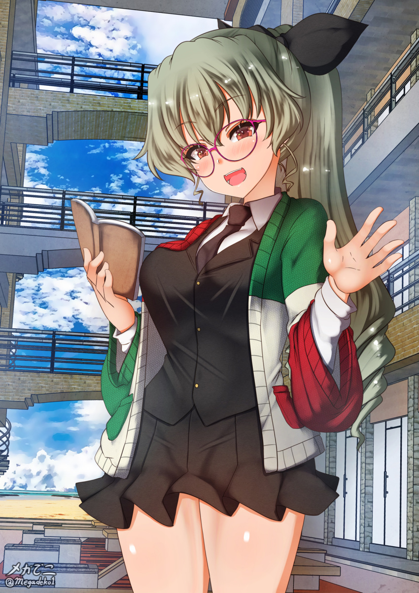 1girl anchovy_(girls_und_panzer) aquaegg black_necktie black_skirt blush book breasts brown_eyes drill_hair eyebrows_visible_through_hair girls_und_panzer green_hair hair_ornament hair_ribbon highres italian_flag_print large_breasts long_hair looking_at_viewer microskirt necktie open_mouth outdoors pleated_skirt ponytail ribbon shiny shiny_hair shiny_skin skirt smile solo