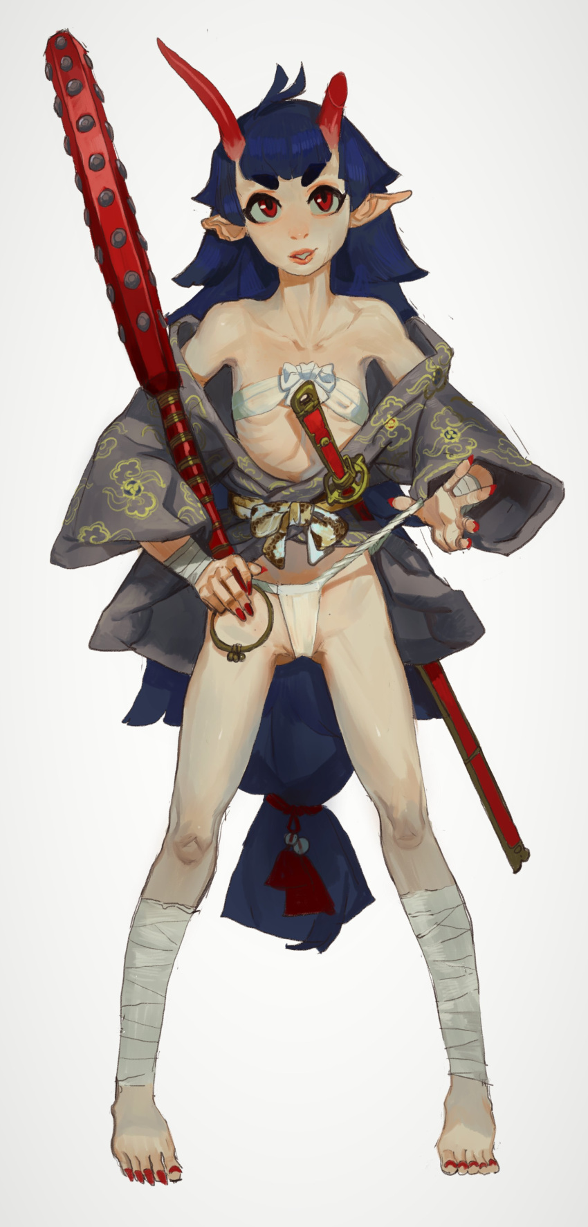 1girl absurdres bandaged_leg bandages bell blue_hair broken_horn budget_sarashi chest_sarashi club_(weapon) flat_chest full_body fundoshi fundoshi_lift hair_bell hair_ornament highres horns japanese_clothes jingle_bell kanabou katana long_hair looking_at_viewer low-tied_long_hair mossacannibalis off_shoulder oni oni_horns original pigeon-toed pointy_ears red_eyes red_nails sarashi simple_background smile solo spiked_club standing sword tassel toenails very_long_hair weapon white_background