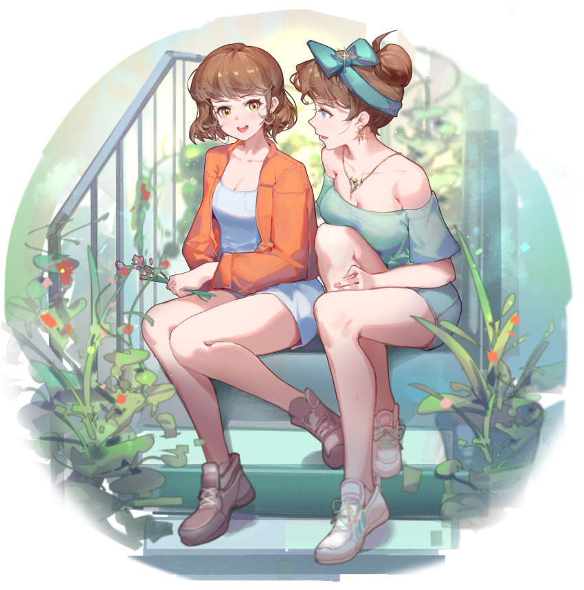 2girls bare_shoulders blue_eyes breasts brown_hair earrings green_eyes highres jacket jewelry large_breasts looking_at_another medium_breasts meinoss multiple_girls necklace on_stairs open_mouth orange_jacket original plant railing shoes short_hair sitting sitting_on_stairs stairs teeth upper_teeth