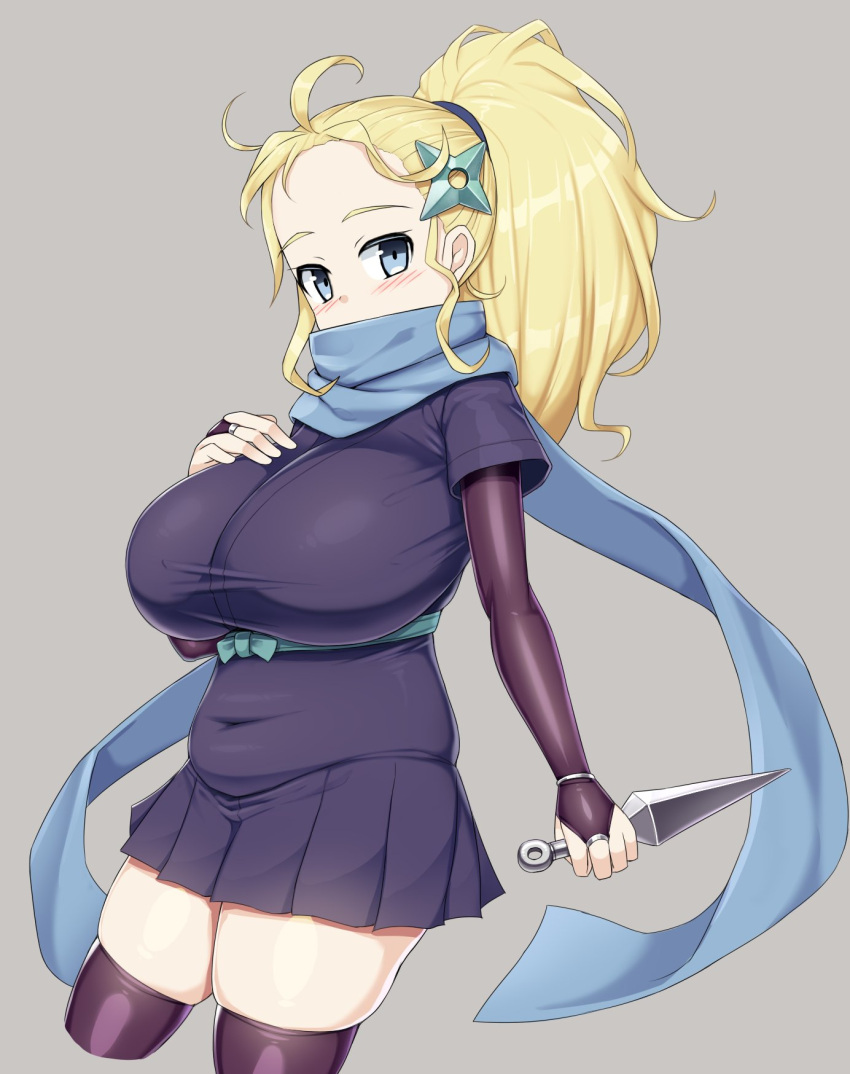 1girl blonde_hair blue_eyes blush breasts bridal_gauntlets covered_navel final_fantasy final_fantasy_v hair_ornament highres holding huge_breasts jewelry krile_mayer_baldesion kunai long_hair looking_at_viewer ninja ninja_(final_fantasy) plump ponytail sawati scarf shuriken simple_background skirt solo thigh-highs weapon