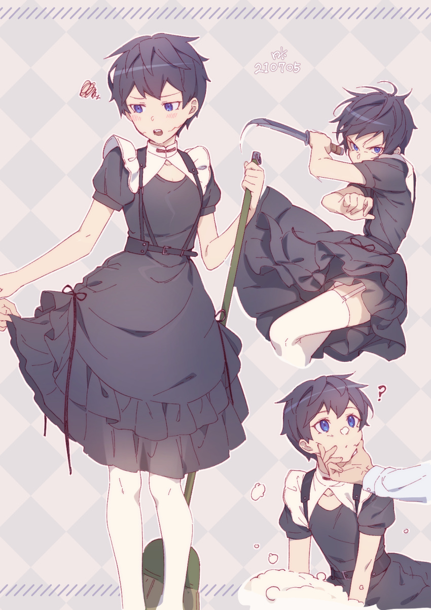 1boy ? belt black_dress black_hair blue_eyes blush broom clothes_lift covered_mouth cracked_skin cropped_legs curious dagger dated dress dress_lift embarrassed feet_out_of_frame frilled_dress frills garter_straps grabbing_another's_chin hand_on_another's_chin hand_up highres holding holding_broom holding_dagger holding_weapon kiyonagi knife lifted_by_another long_sleeves looking_at_another looking_at_viewer looking_away looking_down looking_to_the_side male_focus multiple_views open_mouth original otoko_no_ko out_of_frame puffy_short_sleeves puffy_sleeves pushing_away reverse_grip ribbon scar scar_on_cheek scar_on_face short_hair short_sleeves slashing soap_bubbles squiggle standing thigh-highs weapon white_legwear